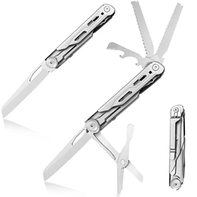 Immagine di HONZIN Coltello Pieghevole 8 in 1 Tascabile Multiuso Acciaio Inossidabile con Rompivetro, Seghettato, Sega, Coltelli da Tasca argento Sopravvivenza Campeggio