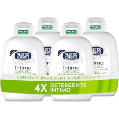 Immagine di Neutro Roberts, Detergente Intimo Delicato, Per l&#039;Igiene Intima con Camomilla, 100% Naturale Adatto a Pelli Sensibili, Donne e Bambini Clinicamente Testato 4 Flaconi da 200 ml