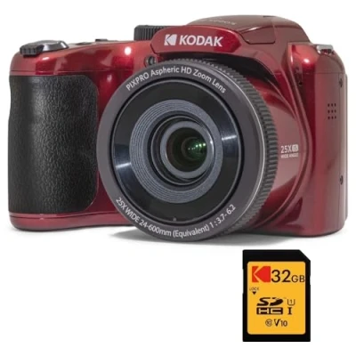 Immagine di KODAK Pixpro Astro Zoom AZ255 + Scheda di memoria SD da 32 GB Fotocamera Bridge Digitale 16 MP, 25X, Video HD 1080p, grandangolare 24 mm, schermo LCD 3, batteria AA Rosso