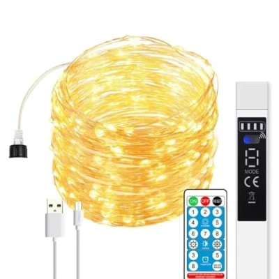 Immagine di JANDEI Catena Luminosa a LED Luce Calda, 20 metri, 200 LEDs, Ghirlanda con Telecomando, Timer, Ricaricabile tramite USB (Batteria Portatile 1800MA). Stringa per Decorazione Interni ed Esterni