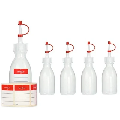 Immagine di 5x 50 ml bottiglie contagocce Octopus di plastica in LDPE con tappo a goccia, da laboratorio, vuote goccia cinturino rosso, incl. etichette etichettatura