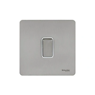 Immagine di Schneider Electric Mascherina piatta con interruttore intermedio in acciaio INOX, senza viti, rating 16AX, inserto di colore bianco