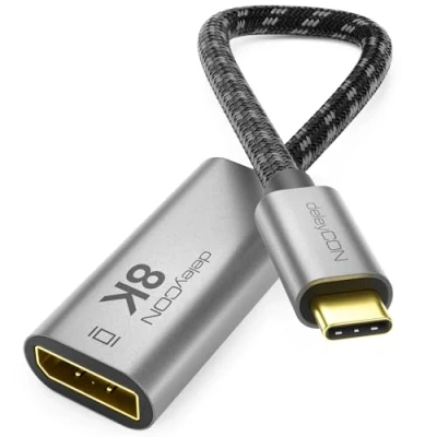 Immagine di deleyCON Adattatore USB C a DisplayPort 8K per Monitor (8K@60Hz / 4K@120Hz) in Alluminio, Thunderbolt 3/4, iPhone 16, 15 Pro Max, MacBook, iPad Pro/Air, Samsung Galaxy S24 S23, Notebook, Tablet