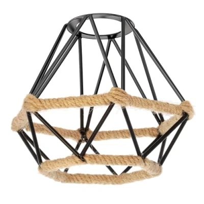 Immagine di ledscom.de Paralume a gabbia con corda di canapa, diamante, nero, Ø 155 mm, rattan, vintage, retrò, cesto, rustico, boho, decorazione, gabbia, industriale, filo, griglia,