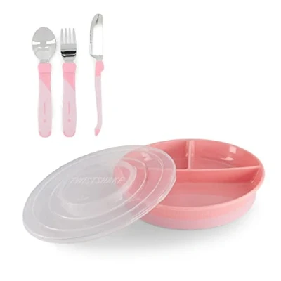 Immagine di Twistshake Set Di Stoviglie Per Bambini Piatto Diviso + Posate In Acciaio Inossidabile 12m+ Senza BPA Kit L&#039;addestramento Alimentare Dei Rosa