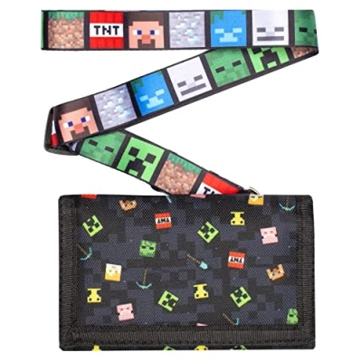 Immagine di Minecraft Portafoglio per bambini ragazzi/ragazze soldi a tema videogiochi Black Pixels Cordino Regali Merchandise ufficiale