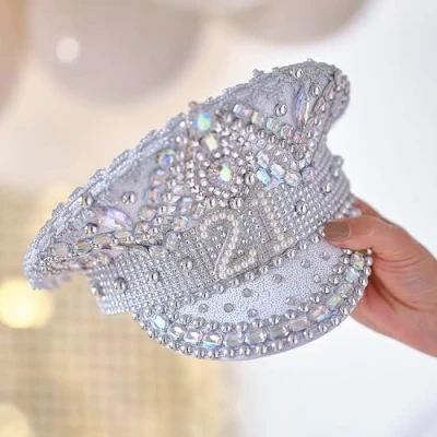 Immagine di Ginger Ray Cappello con paillettes color argento, per 21 compleanno, accessorio indossabile