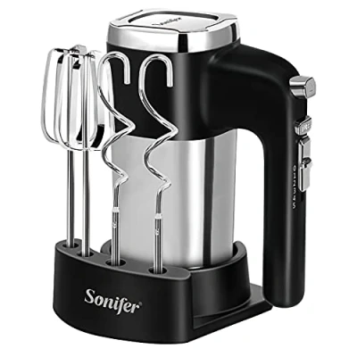 Immagine di Sonifer Frullatore a mano in acciaio inox, 500 W, miscelatore elettrico, 5 livelli più turbo, design pulsante di espulsione, lavabile lavastoviglie, 2 ganci, fruste, 1 base