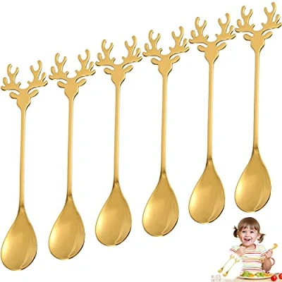 Immagine di 6 pezzi Cucchiaino da caffè Elk cucchiaio in acciaio inossidabile creativo di Natale torta Cucchiaini Piccolissimi（oro）