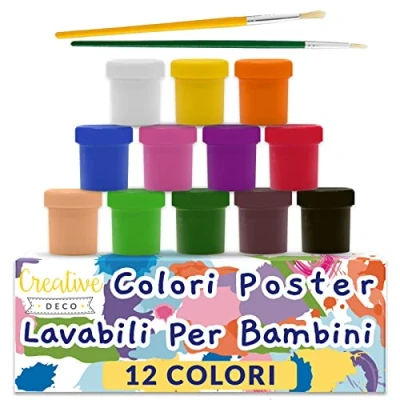 Immagine di Creative Deco Tempere Lavabili per Bambini e Dipingere 12x20 ml Set Colori a Dita Bottiglie Multicolore Pittura Base Fluorescenti Glitter Metallizzati Neon Principianti Artisti