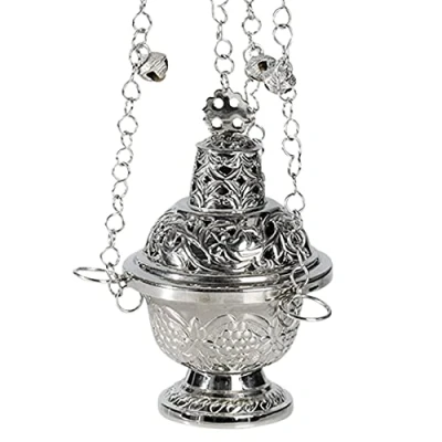 Immagine di NKlaus bruciatore d&#039;incenso ottone argento catena lunga 60cm con campana decorato a mano 10959