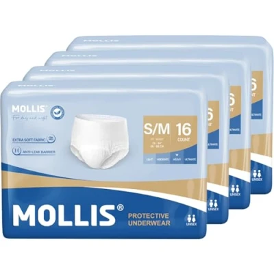 Immagine di MOLLIS Mutande Assorbenti per Adulti Incontinenza &amp; Post Parto, Pannoloni a Mutandina Uomini e Donne, Protezione della Perdita Tutta la Notte, Controllo degli Odori, Taglia S/M, 64 Unità