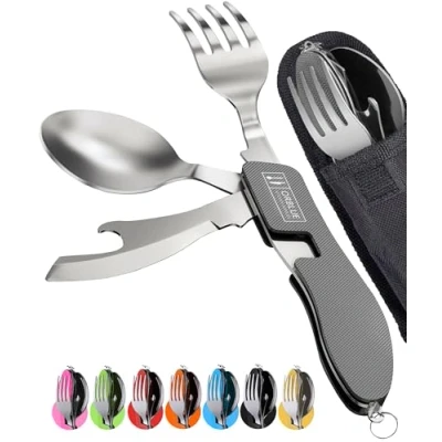 Immagine di ORBLUE Set Posate da Campeggio Pieghevoli 4 in 1: (2 Pezzi) Forchetta, Cucchiaio, Apriscatole e Apribottiglie Acciaio Inossidabile con Custodia