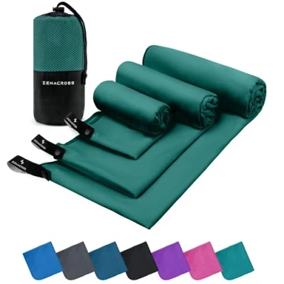 Immagine di Zenacross Asciugamano Palestra Set di 3 con Borsa per il Trasporto Microfibra a Rapida Asciugatura e Versatile Telo Taglie XS, S, M Verde Petrolio