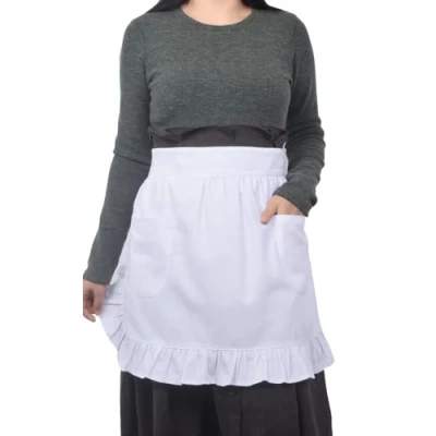 Immagine di grembiule da cucina 100% cotone con 2 tasche in vita, per ristorante, bistrot. Mezzo donne e ragazze bianco