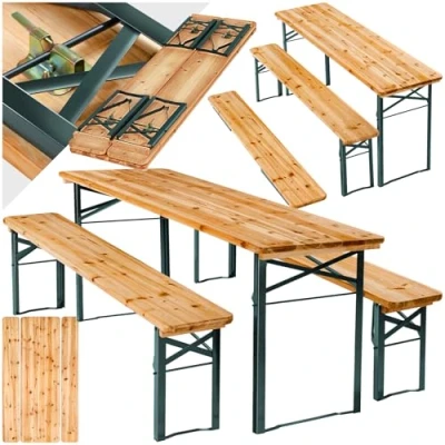 Immagine di TecTake® Set 3 Pezzi da Birreria, Tavolo e Panche Esterno con Comodo Schienale, Struttura in Acciaio, Cerniere Robuste, Giardino Birra Pieghevole, 170 x 46 77 cm