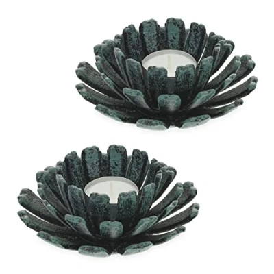 Immagine di Relaxdays Portacandele, Set da 2, a Forma di Fiore, Supporto in Ghisa, Esterni e Interni, H x D: 6 13,5 cm, Verde, 100%