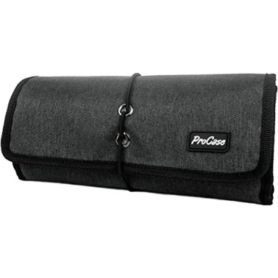 Immagine di ProCase Organizzatore Cavi da Viaggio Rotolo, Borsa Accessori Elettronici con Tasche per Hard Disk Esterno, USB, di Ricarica, Caricabatterie Schede Memoria SD, Auricolare Nero