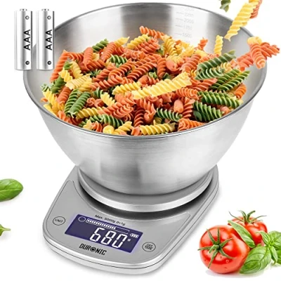 Immagine di Duronic KS5000 SR/SS Bilancia da cucina digitale Portata 1g a 5kg Ciotola in acciaio INOX 2,5L Grande display retroilluminato Funzione Tara ad alta precisione argento