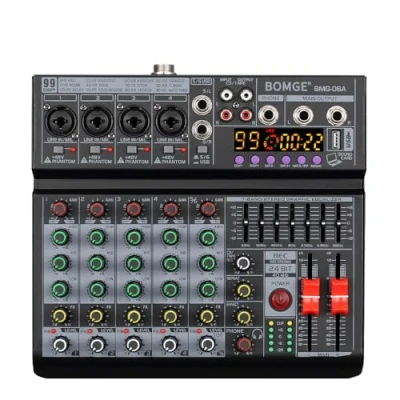 Immagine di BOMGE mixer audio DJ professionale a 6 canali 06A, controller con 99 effetti DSP, equalizzatore 7 bande indipendente 48 V Bluetooth interfaccia registrazione USB per in
