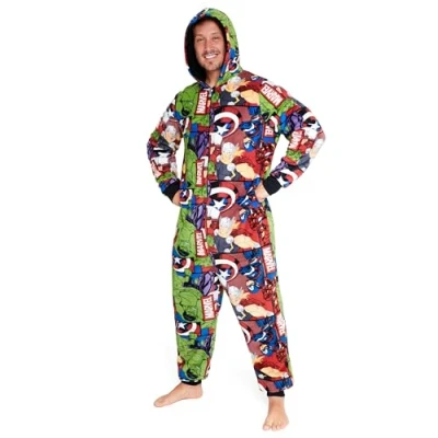 Immagine di Marvel Pigiama Intero Uomo Caldo Pigiamone in Pile con Cappuccio S 3XL Pigiami Invernali Interi Gadget Regalo (Multicolore AOP, 2XL)