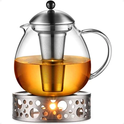 Immagine di glastal 1500mL Teiera di vetro con Scalda Teiera, filtro in acciaio inox (Argento)