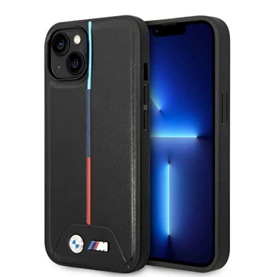 Immagine di CG MOBILE BMW custodia per telefono compatibile con iPhone 15&quot;, trapuntata linee tricolore, in pelle PU, collezione M, protettiva liscia facile scatto, assorbimento degli urti e