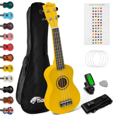 Immagine di TIGER UKEKIT YL Pacchetto Ukulele per principianti, soprano, accordatore, tracolla, adesivi, corde di ricambio e plettro in feltro Giallo