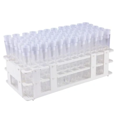 Immagine di stonylab Set di 100 Provette Plastica da 16 mm con Supporto, x mm, 10 ml Tappi Bianchi, Ideali per Esperimenti Didattici Scienze