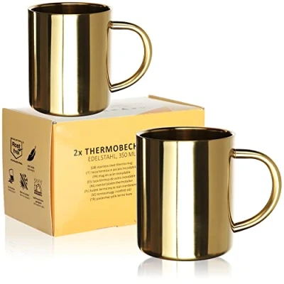 Immagine di Robin Goods® 2 Tazze in Acciaio Inossidabile 350 ml ciascuna Tazza Termica infrangibile Isolante a Doppia Parete Color Oro (2 Pezzi Oro)