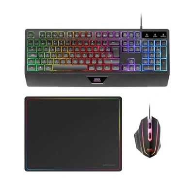 Immagine di MARS GAMING MCP1 Pacchetto tastiera e mouse da gioco (2800 DPI, capacità anti ghosting, illuminazione LED rossa, ambidestro, USB), nero rosso