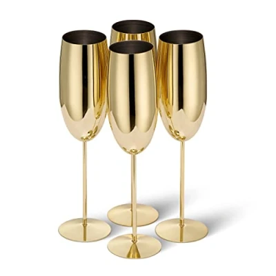 Immagine di Oak &amp; Steel 4 Eleganti Calici da Champagne, 285 ml. in Acciaio Inossidabile Dorato Ideale al Chiuso o All&#039;aperto Giardino, Spiaggia, a Picnic, Barbecue, Campeggio e Gite Barca