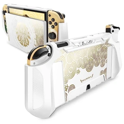 Immagine di Mumba Custodia Dockable per Nintendo Switch OLED 2021, [Blade Serie] Accessori Cover Protettiva Grip TPU Compatibile Con e Joy Controller (Bianco/Oro)