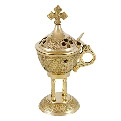 Immagine di NKlaus bruciatore d&#039;incenso con coperchio a cerniera e croce alto 18cm in ottone dorato modalità operativa incenso carbone su sabbia decorazione 4018