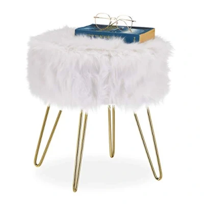Immagine di Relaxdays Sgabello in finta pelle, Struttura Metallo, Rotondo, Soffice, Elegante, HxD: 40 x 38 cm, Bianco/Oro, pannelli MDF, acciaio, felpa, 1 pz