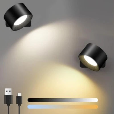 Immagine di Birnetek Applique da Parete Interno 2pcs, USB C Ricaricabile Lampada con Batteria, Plafoniere Senza Forare, Ruotare 360, Touch Control, 3 Luminosità e Colori (Nero)