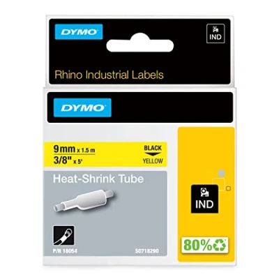 Immagine di Dymo 18054 Nastri Industriali D1 Termorestringenti da 9 mm x 1.5 m, Diametro filo min 1.73 mm/max 3.78 mm, Nero/Giallo