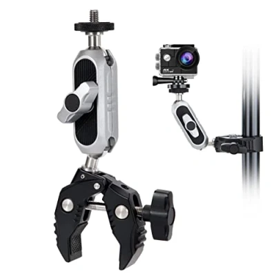Immagine di Morsetto Treppiede Super Clamp per Fotocamera con Testa a Sfera Girevole 360 Filettatura 1/4&quot; e Foro Filettato GoPro Action Cam Monitor