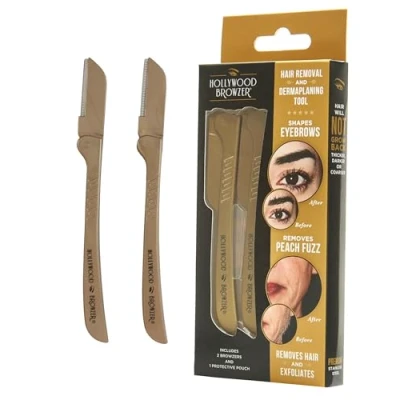 Immagine di Hollywood Browzer Rasoio per sopracciglia Rimuove i peli indesiderati Dermaplaning Esfoliazione Borsetta protettiva inclusa Realizzato in acciaio inossidabile tedesco, Oro