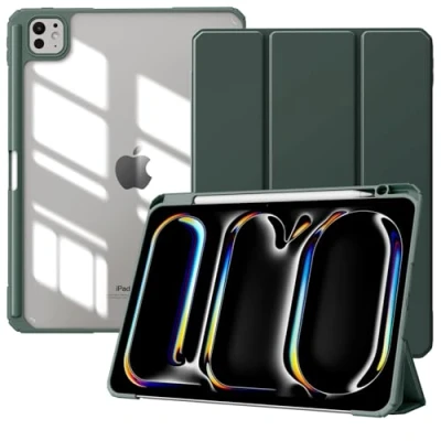Immagine di TiMOVO Custodia per iPad PRO 11 Pollici (M4) 2024 con Portapenne, Cover Protettiva Supporto Pieghevole &amp; Retro Trasparente, Auto Sveglia/Sonno, Verde Notte