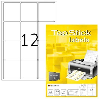 Immagine di TopStick etichette multiuso autoadesive, 12 per foglio A4, 100 fogli, 63,5 x 72 mm, 1200 etichette, universali vuote, stampanti laser e inkjet, bianco