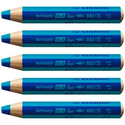 Immagine di Matita colorata Multi Funzione STABILO woody 3 in 1 duo Mina a 2 Colori Confezione da 5 Blu Oltremare/Turchese