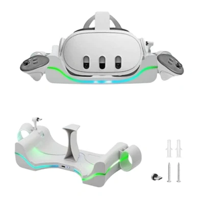 Immagine di Mcbazel Casco VR Stazione di Ricarica A Parete per Quest 3 con Luce Traspirante 7 Colori, Supporto Rapida Magnetico Only Bianco