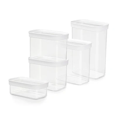 Immagine di Emsa Optima N11428 Set di 5 lattine a secco 0,45/2 x 1/1,6/2,2 litri rettangolari 100% sicuro/igienico/innocuo guarnizione fresca, senza BPA, design trasparente