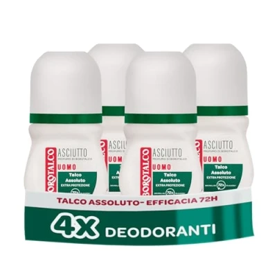 Immagine di Borotalco, Deodorante Uomo Roll On Asciutto con Talco Assoluto, Assorbe il Sudore, Senza Alcool, Profumo 72h efficacia 4 Pezzi da 50 ml Esclusiva Amazon