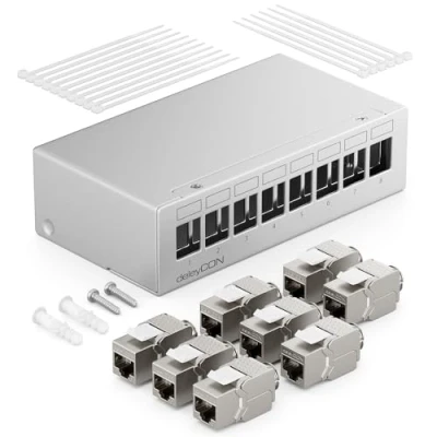 Immagine di deleyCON Patch Panel 8 Porte Set Sezionatore 1RU + Moduli Keystone Jack RJ45 STP CAT6a Compatibile con Cavo di Installazione CAT5 CAT6 CAT7 Rete Ethernet LAN DSL Grigio
