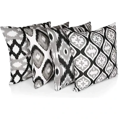 Immagine di Penguin Home Set di 4 federe per cuscini 45 cm x quadrati double face 100% cotone e con cerniera invisibile soggiorno, divano, 18x18 pollici (Nero/Bianco/Grigio)