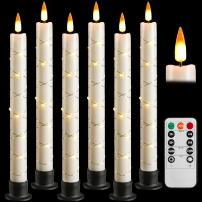 Immagine di Da by candela LED con telecomando e timer, a cono alimentata batteria luce cavo, stoppino dinamico 3D, set di 6, avorio 6 basi nere, adatto per l&#039;arredamento della casa
