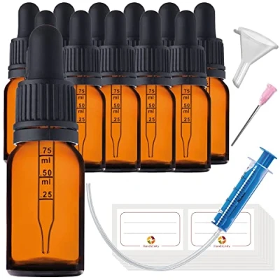 Immagine di HandsUnity 10ml 12pz Bottiglia Pipetta Piccola di Vetro set Vasetti da Farmacia in Ambrato con Tappo Nero per include 29pcs Accessori Bottiglie Marrone