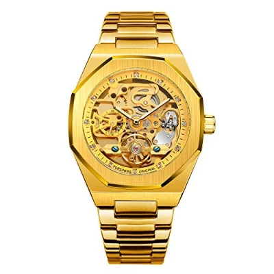 Immagine di BOLYTE Tourbillon Design Orologio da polso uomo analogico automatico in acciaio inossidabile, Oro